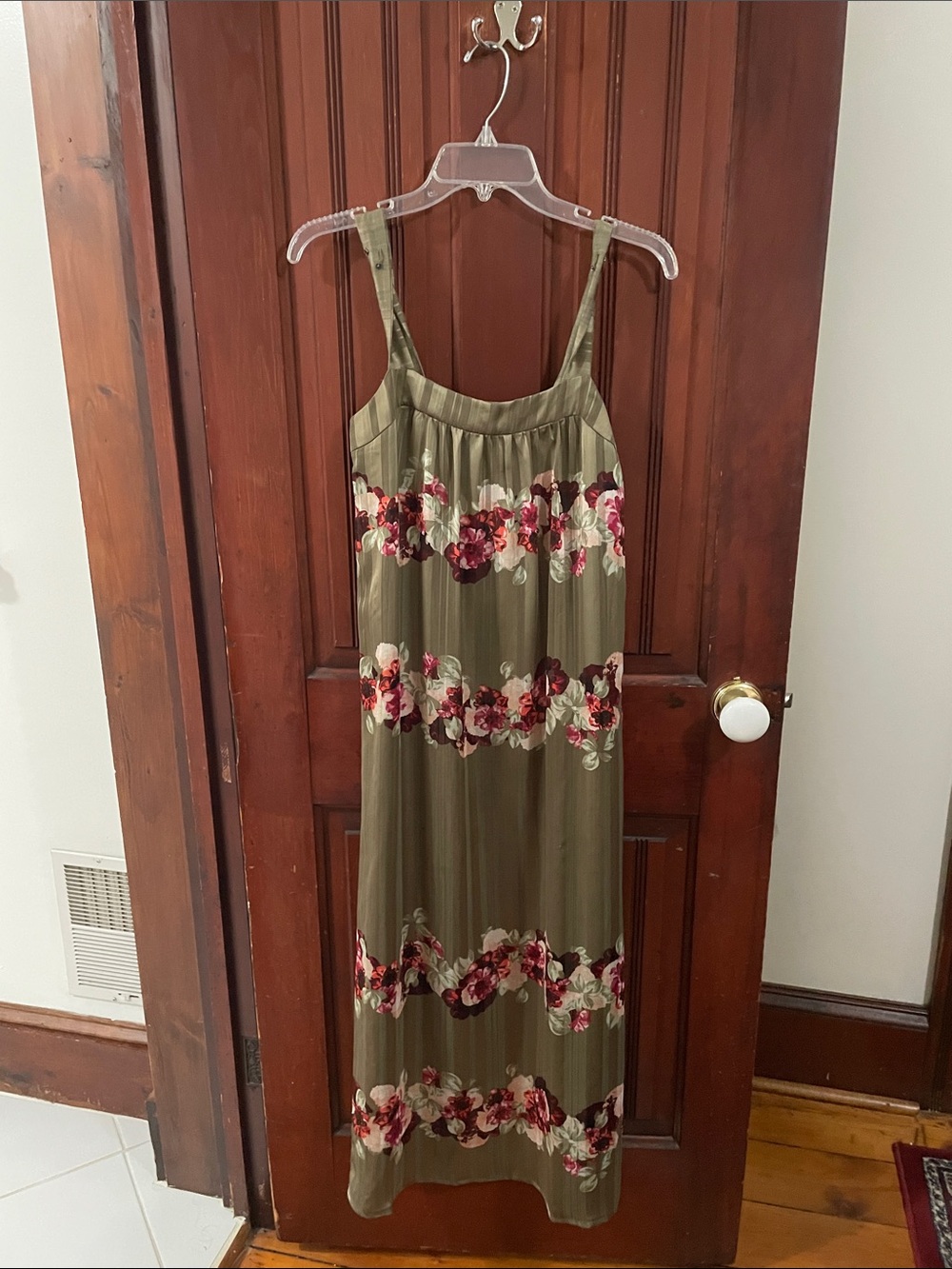 Banana Republic Olive Green Floral Maxi Dress with Burgundy Accents